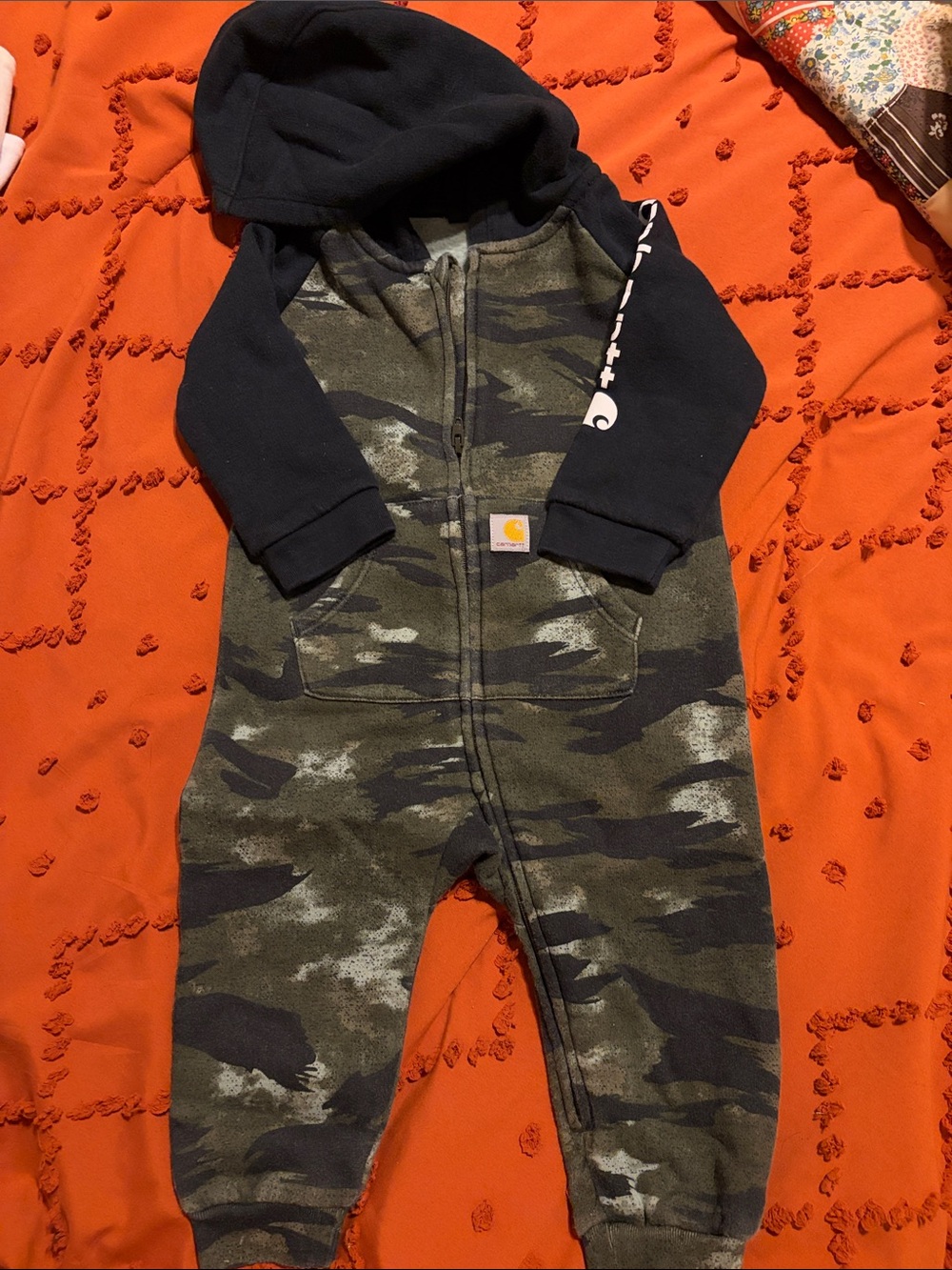 Carhartt Kids Hooded Camo Zip Romper in Green and Black